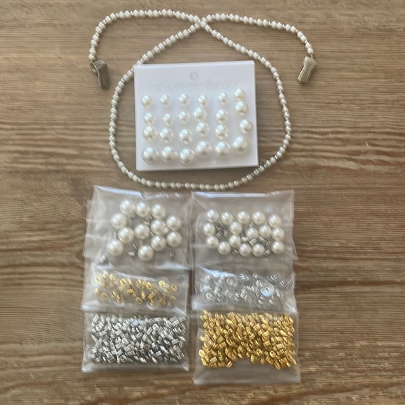 Accessories - White Faux Pearl Earrings (28 pair)Pearl Eyeglass Chain & Assorted Earring Backs